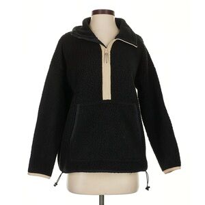 J. Crew Black Sherpa Pullover Sweatshirt with Tan Trim Oversized XXS
